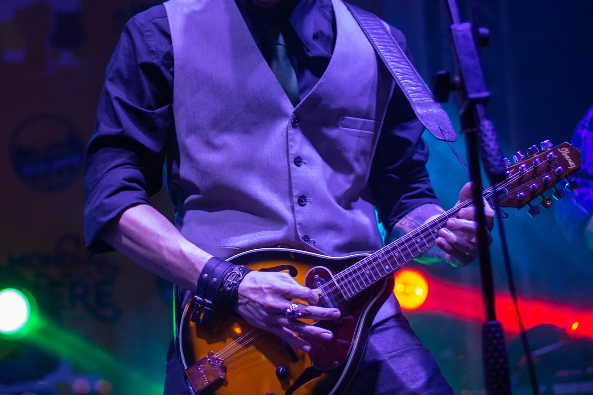 A musician playing mandolin, representative of strolling folk musicians
